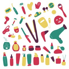 Obraz premium Big Beauty set. Skin care and beauty signs, beauty tools, spa salon and self-care icons. Vector flat doodle illustration