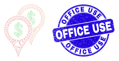 Web carcass bank map markers icon and Office Use seal stamp. Blue vector round grunge seal stamp with Office Use message. Abstract carcass mesh polygonal model created from bank map markers icon.