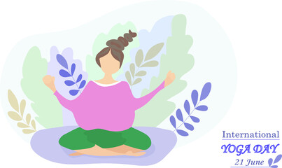 Woman doing yoga exercises. The concept of a healthy lifestyle and sport. Vector illustration of June 21 International Yoga Day