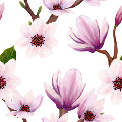 seamless pattern design with hand painted magnolia