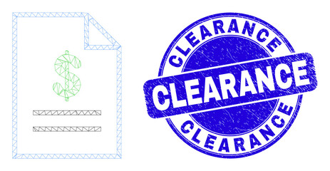 Web mesh price list page icon and Clearance seal stamp. Blue vector rounded scratched seal with Clearance text. Abstract carcass mesh polygonal model created from price list page icon.