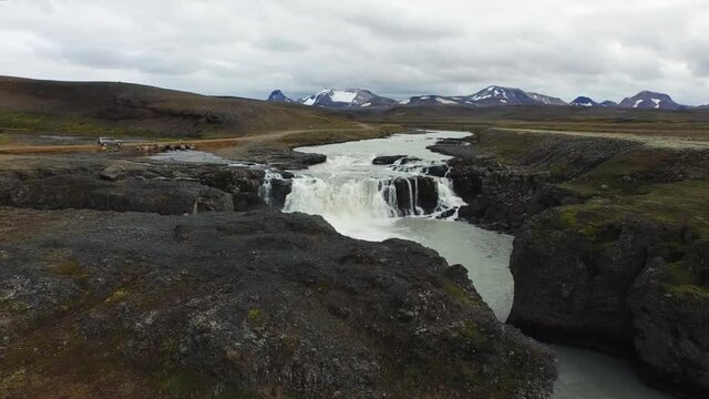 Aerial landscape of Iceland's nature with river, mountains, field and volcanic rocks