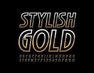 Vector Stylish Gold Alphabet set. Elegant premium Font. Shiny luxury Letters and Numbers