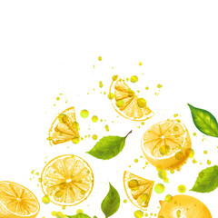 Hand drawn watercolor illustrations of yellow lemon fruits background 