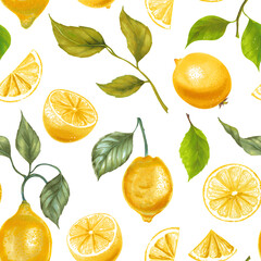 Hand drawn watercolor illustrations of yellow lemon fruits with leaves seamless pattern