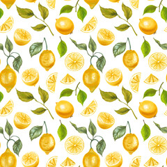 Hand drawn watercolor illustrations of yellow lemon fruits with leaves seamless pattern