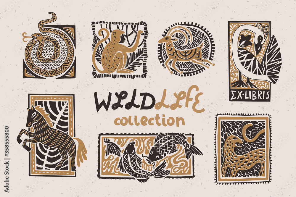 Wall mural Vintage collection of stylized animals in the technique of linocut. Can be used as a print on clothes, postal stamp, postcard