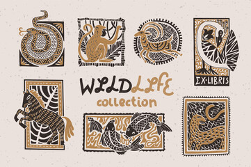 Vintage collection of stylized animals in the technique of linocut. Can be used as a print on clothes, postal stamp, postcard - obrazy, fototapety, plakaty