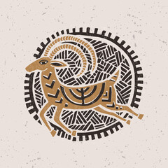 Illustration with a stylized gazelle in the technique of linocut. Can be used as a stamp on clothing, postage stamp, postcard