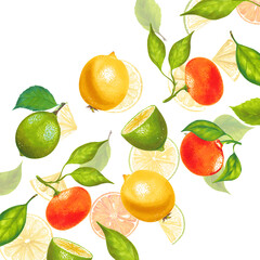 Lemon orange mandarin tangerine with leaves hand drawn watercolor pattern. Colorful background