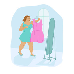 A plus size girl is holding a short pink dress in front of a mirror. Lush beauty. Concept. Vector illustration in flat cartoon style.