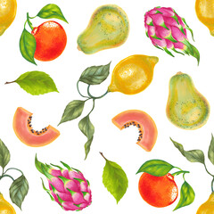 Obraz premium Lemon orange mandarin tangerine papaya dragon fruit with leaves hand drawn watercolor seamless pattern. 
