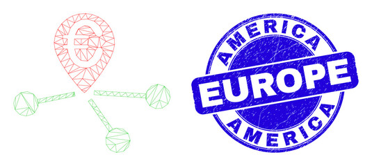 Web mesh euro location links icon and America Europe seal stamp. Blue vector rounded scratched seal stamp with America Europe text.