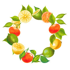 Hand drawn watercolor illustrations of yellow lemon tangerine orange lime fruits wreath with leaves.