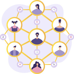 Social network. Social network concept. Tiny people communicate by exchanging data, photos, videos, links, posts on social networks. Vector flat illustration in modern style.