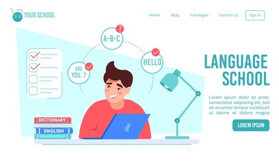 Online language course order landing page design. Man character studying on laptop via internet from home. Distant learning training english. Webinar video tutorial. Remote education conversation