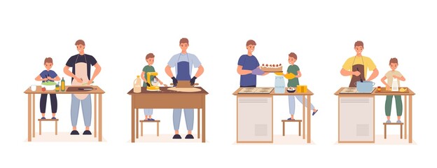 Happy father son cooking together at kitchen set. Parent son preparing green vegetarian salad, kneading dough, baking decorating cake, boiling fresh soup. Family recreation. Relationship communication