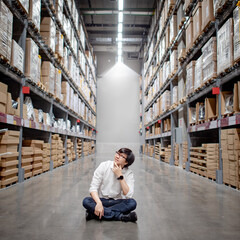 Asian shopper man sitting between cardboard box shelves aisle in warehouse choosing what to buy....