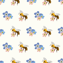 Honey bee and Forget-me-not flower vector seamless pattern background. Flying insect and pretty blue pink florals backdrop. Geometric garden bug design. Modern all over print for packaging, stationery
