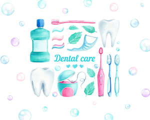 Watercolor hand drawn set with dentifrices on white background isolated. Green bottle of mouthwash, pink and blue toothbrushes, white teeth, mint leaves, dental floss, blue dental floss holder,bubbles