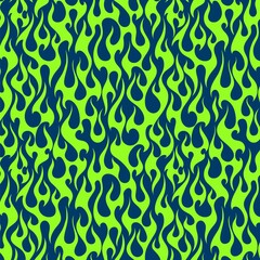 Vivid green fire flames on a dark blue background, old school seamless vector pattern