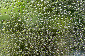Water droplets on glass. Rain drops on window glass with green garden background.