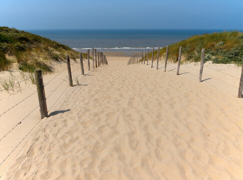 view from the dunes down to the beach and the Northern Sea in Katwijk, NL. Empty beach, no people. 