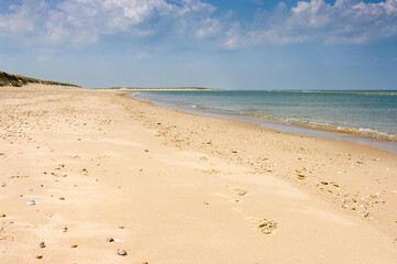 An empty sandy beach on a sunny spring day in the UK