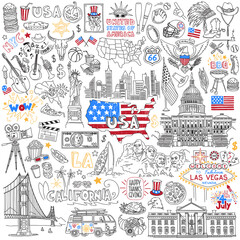 Fototapeta na wymiar USA hand drawn outline vector set. United States Of America popular symbols and landmarks - fast food, jazz, skyscrapers, map silhouette, flag, eagle, presidents, dollar, sport, cinema.