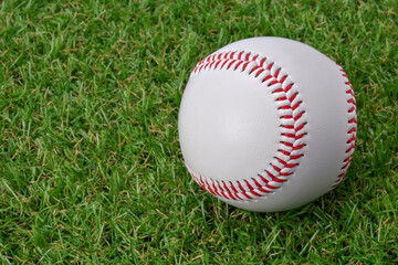 Baseball on green grass with copy space.