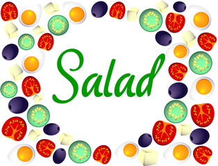 salad isolated on white background. Greek salad: red tomatoes,  cheese, lettuce, cucumber, olives and olive oil. Vector