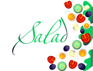 salad isolated on white background. Greek salad: red tomatoes,  cheese, lettuce, cucumber, olives and olive oil. Vector