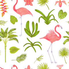 Tropic vector seamless pattern with flamingo bird and orchid flowers and plants