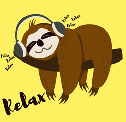 funny vector illustration of sloth,  listening to relax music with closed eyes 