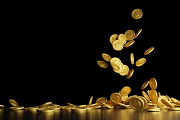 gold coin drop on black background copy space .3D Rendering.