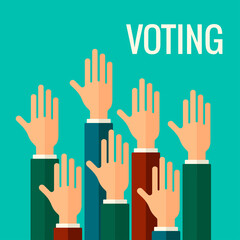 voting concept in flat style, poster, banner.Voting vote vector background. Vote concept illustration. Hands raised, flat style. Vote concept illustration.People voting.Hands raised up,  flat style