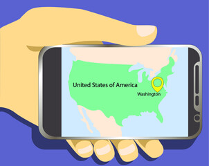 Tourist hands are holding a smartphone with map of USA.