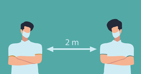 Young man wear face mask. Social Distancing Vector Illustration.