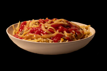 Isolated bowl of spaghetti with ketchup and mustard