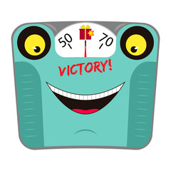 Funny mechanical bathroom scale with face and smile. Victory over excess weight. Concept healthy lifestyle. Cartoon character. Vector illustration.