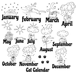 Cat calendar. Funny cat drawn by hand at different times of the year. Illustration of weather and seasons. The reaction of the cat to the weather.