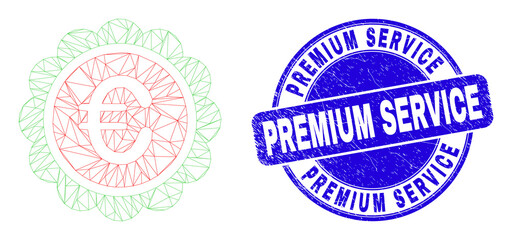 Obraz premium Web mesh euro award icon and Premium Service stamp. Blue vector round grunge stamp with Premium Service caption. Abstract frame mesh polygonal model created from euro award icon.