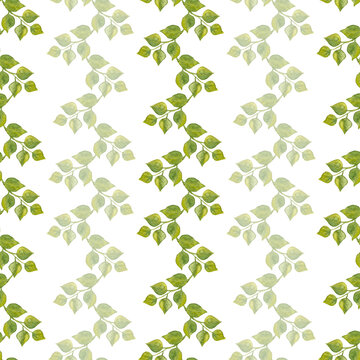 Seamless pattern of vertical lines of leaves. Watercolor green stripes of leafy twigs isolated on white background. Perfect for wrapping paper, textile and backgrounds.