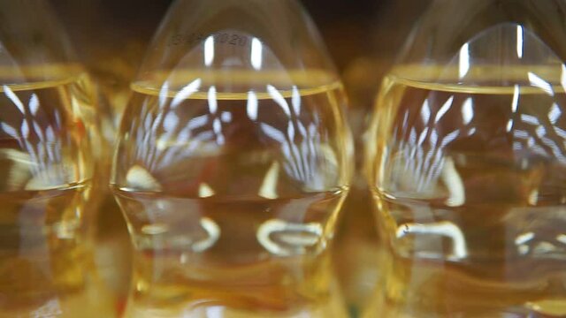 bottles of sunflower oil close up at the grocery store. Close-up selective focus