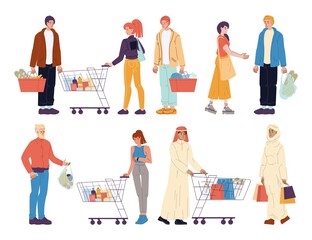 Mix race diverse people buyer with shop purchases, grocery products in trolley cart, basket, paper bag isolated set. Bundle caucasian islamic man woman shopping. Shopper or consumers character