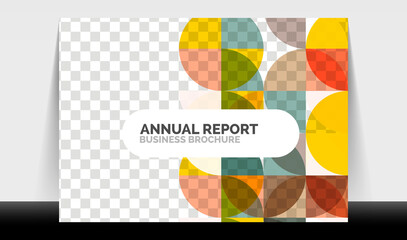 Horizontal A4 business flyer annual report template, circles and triangle style shapes modern geometric design for brochure layout, magazine or booklet
