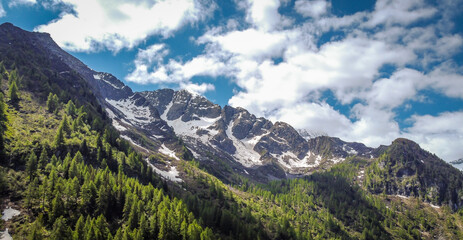 Fototapeta na wymiar Aerial view mountains of Valle di Sole, Vermiglio in Trentino Alto Adige, northern Italy, Europe - Trento Province