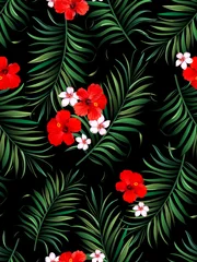 Behang Trendy vectorpatroon in tropische stijl. Naadloze botanische print voor textiel, print, stof op donkere achtergrond © Logunova  Elena