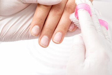 Manicure master removes dust from nails with a brush to cleaning nails.