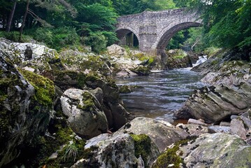 bridge of Feugh crossing the Falls of Feugh near Banchory in Aberdeenshire Scotland - obrazy, fototapety, plakaty